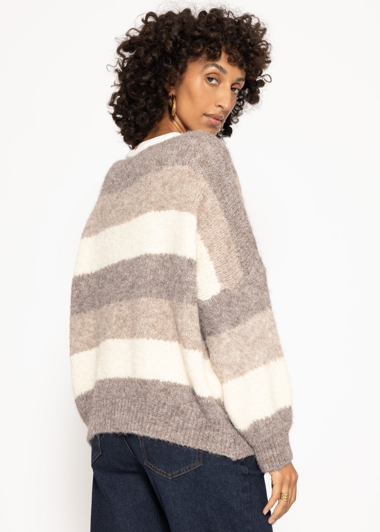Oversized round neck sweater with stripes - beige