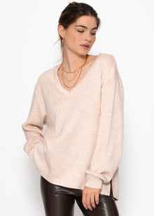 Oversize soft Sweater mit tiefem V-Ausschnitt - beige