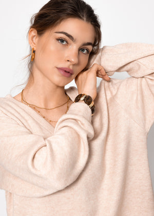Oversize soft sweater with deep V-neck - beige