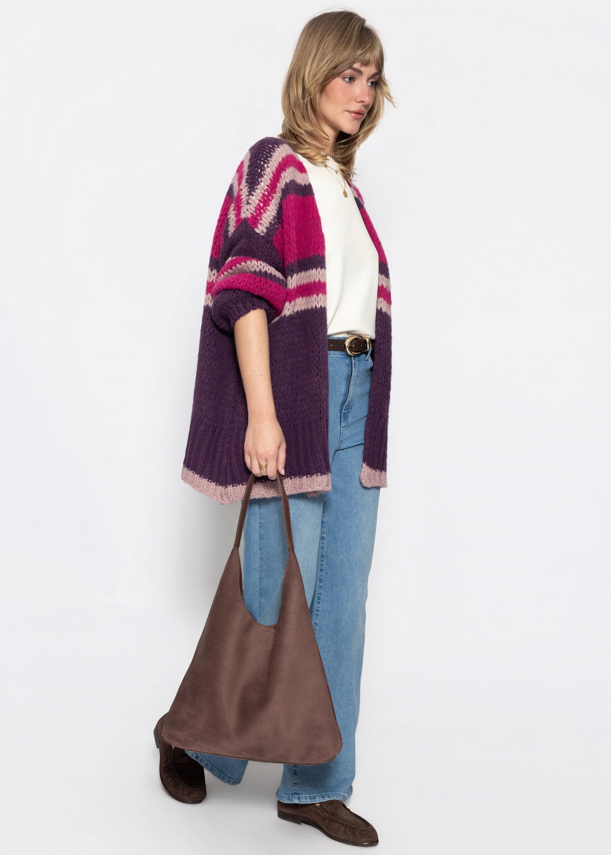 Oversize Strickjacke mit Streifen - pflaume