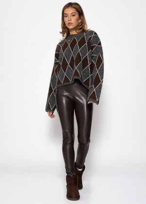 Oversized knit sweater with diamond pattern - gray-brown