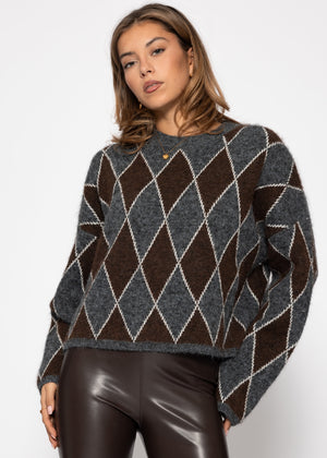 Oversized knit sweater with diamond pattern - gray-brown