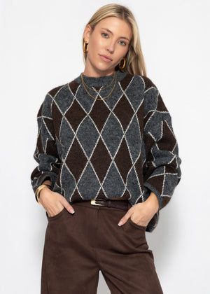 Oversize Strickpullover mit Rautenmuster - grau-braun