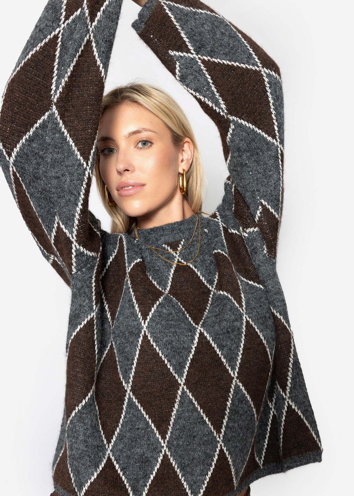 Oversize Strickpullover mit Rautenmuster - grau-braun