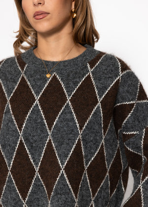 Oversized knit sweater with diamond pattern - gray-brown