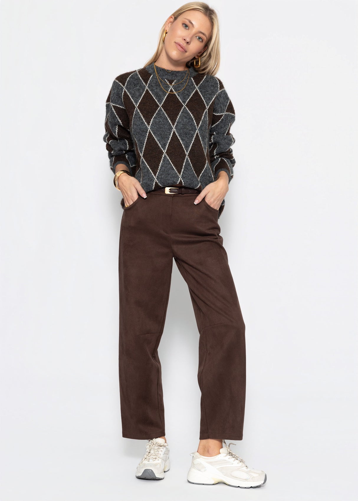 Oversize Strickpullover mit Rautenmuster - grau-braun