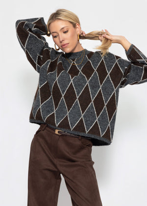 Oversize Strickpullover mit Rautenmuster - grau-braun