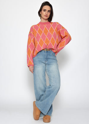 Oversize Strickpullover mit Rautenmuster - pink-orange