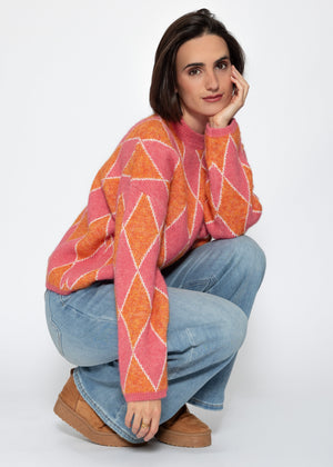 Oversize Strickpullover mit Rautenmuster - pink-orange