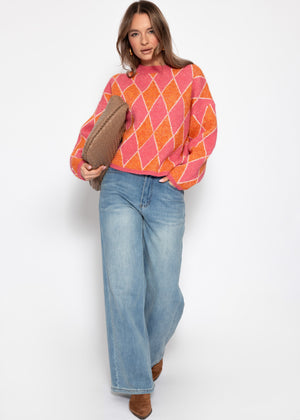 Oversized knit sweater with diamond pattern - pink-orange