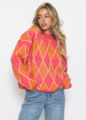 Oversize Strickpullover mit Rautenmuster - pink-orange