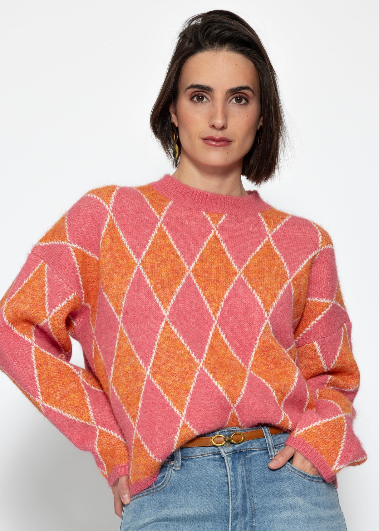 Oversize Strickpullover mit Rautenmuster - pink-orange