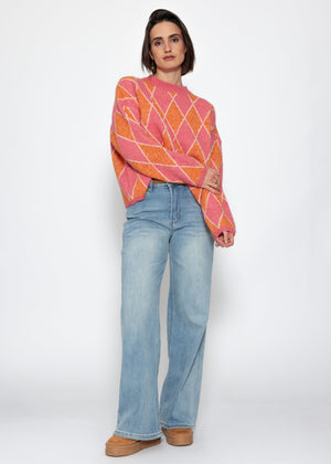 Oversize Strickpullover mit Rautenmuster - pink-orange