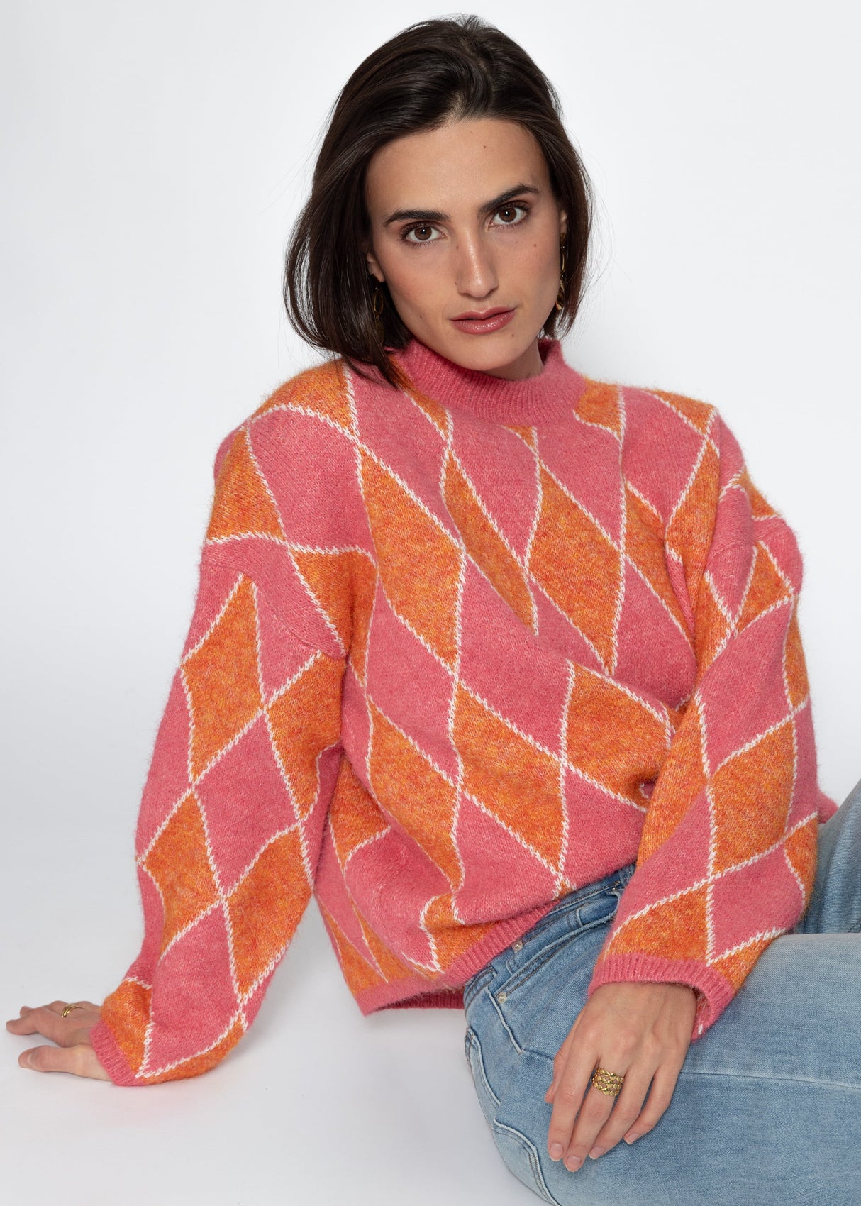 Oversize Strickpullover mit Rautenmuster - pink-orange