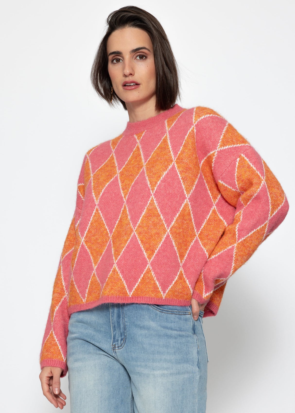 Oversize Strickpullover mit Rautenmuster - pink-orange