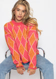 Oversize Strickpullover mit Rautenmuster - pink-orange