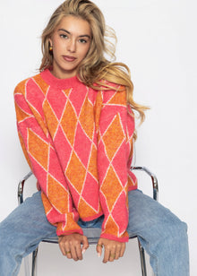 Oversize Strickpullover mit Rautenmuster - pink-orange
