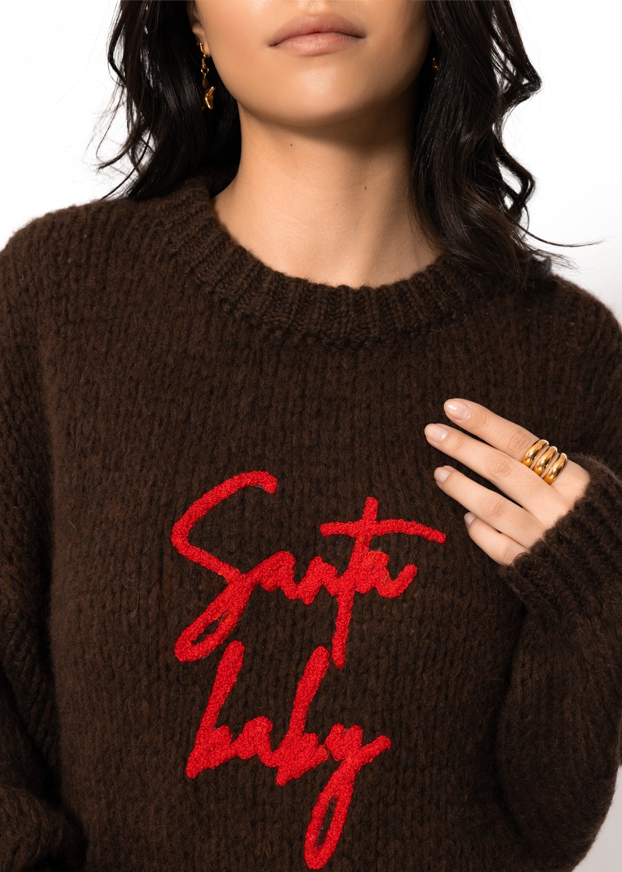 Oversized knit sweater with embroidery - brown