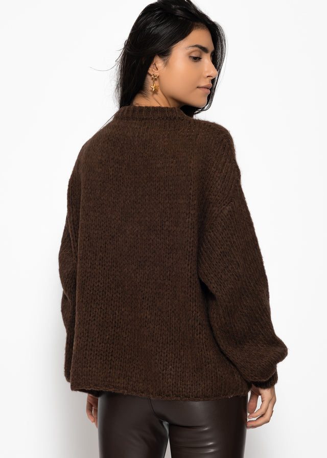 Oversize Strickpullover mit Stickerei - braun