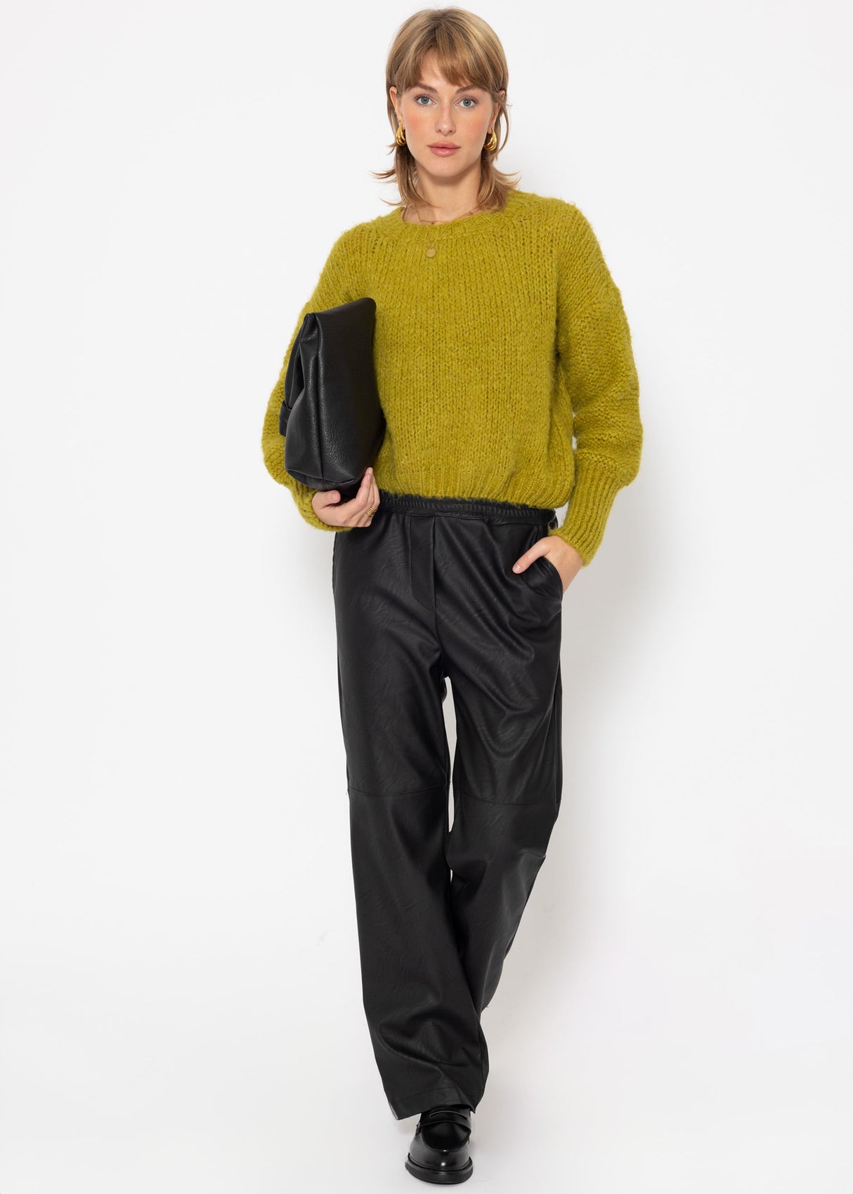 Oversized sweater with contrasting knit pattern - olive green