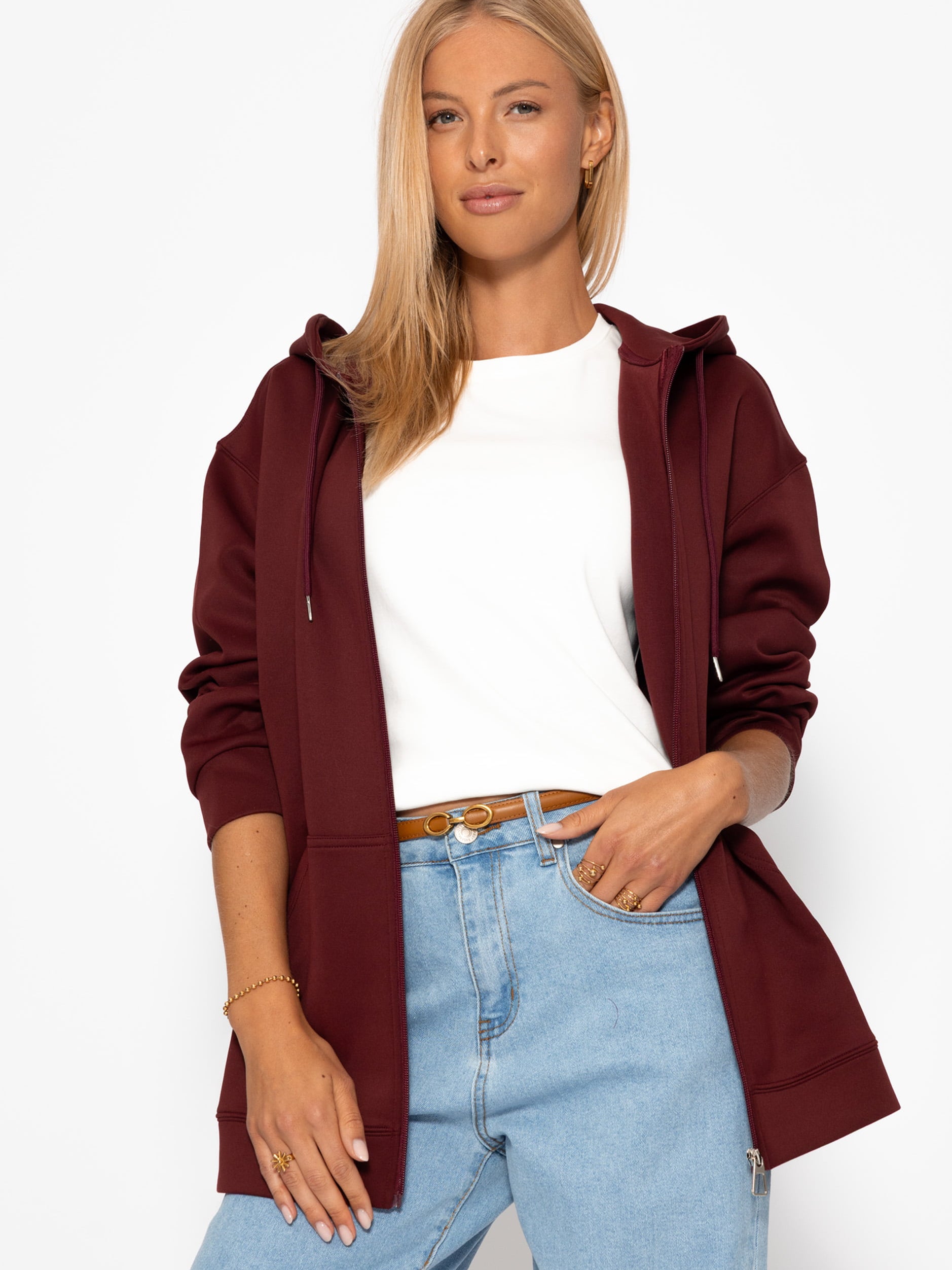 Oversized hooded sweat jacket - burgundy