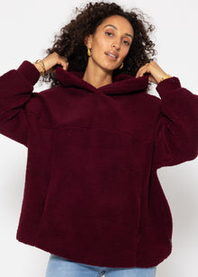 Oversize teddy sweatshirt with hood - burgundy