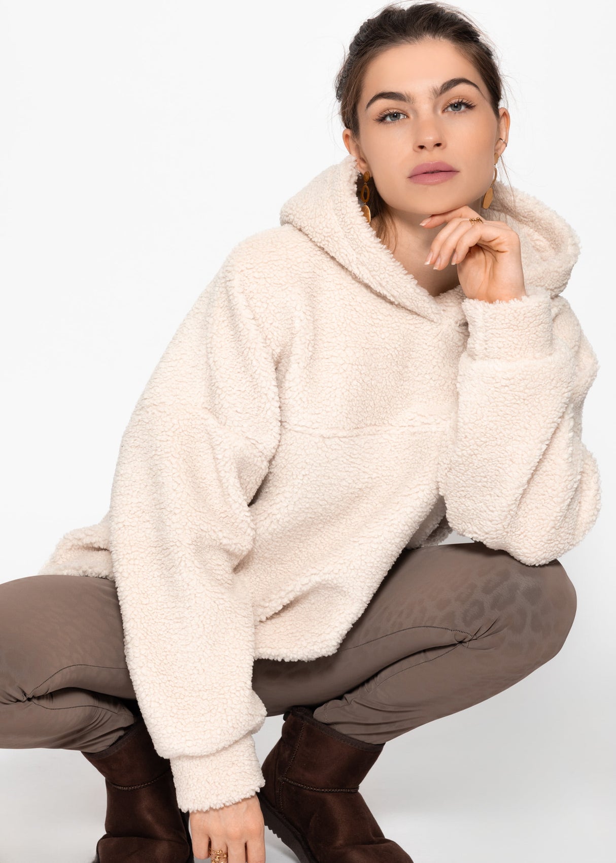 Oversize teddy sweatshirt with hood - offwhite