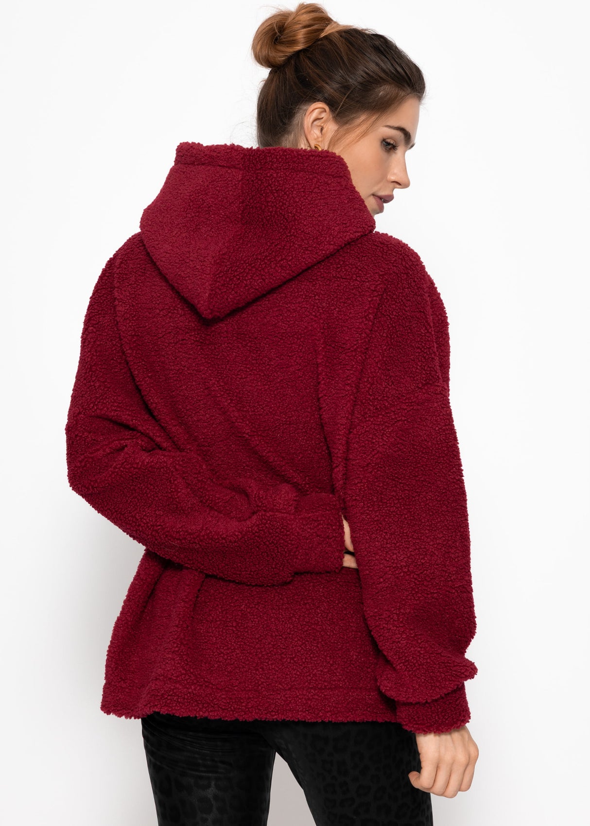 Oversized teddy sweatshirt with hood - wine red