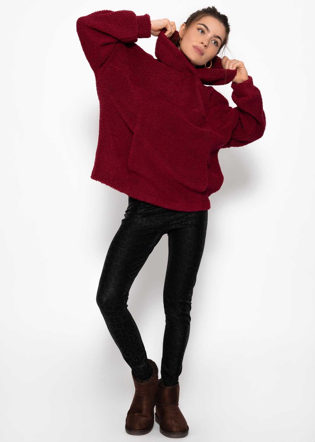 Oversized teddy sweatshirt with hood - wine red