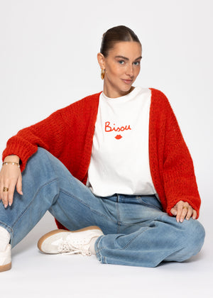 Oversize T-Shirt mit "BISOU" Print - offwhite