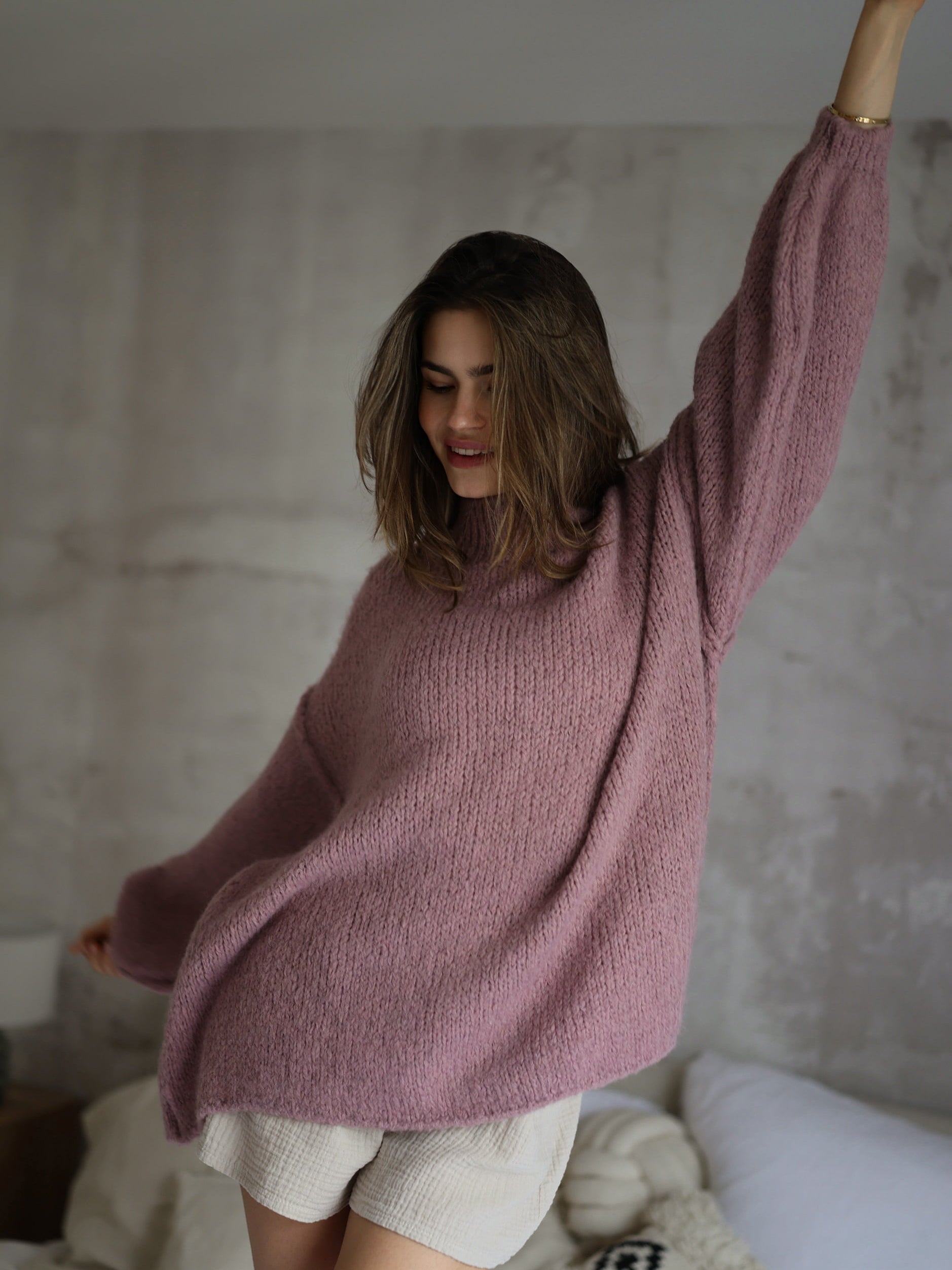 Oversized Grobstrickpullover - altrosa