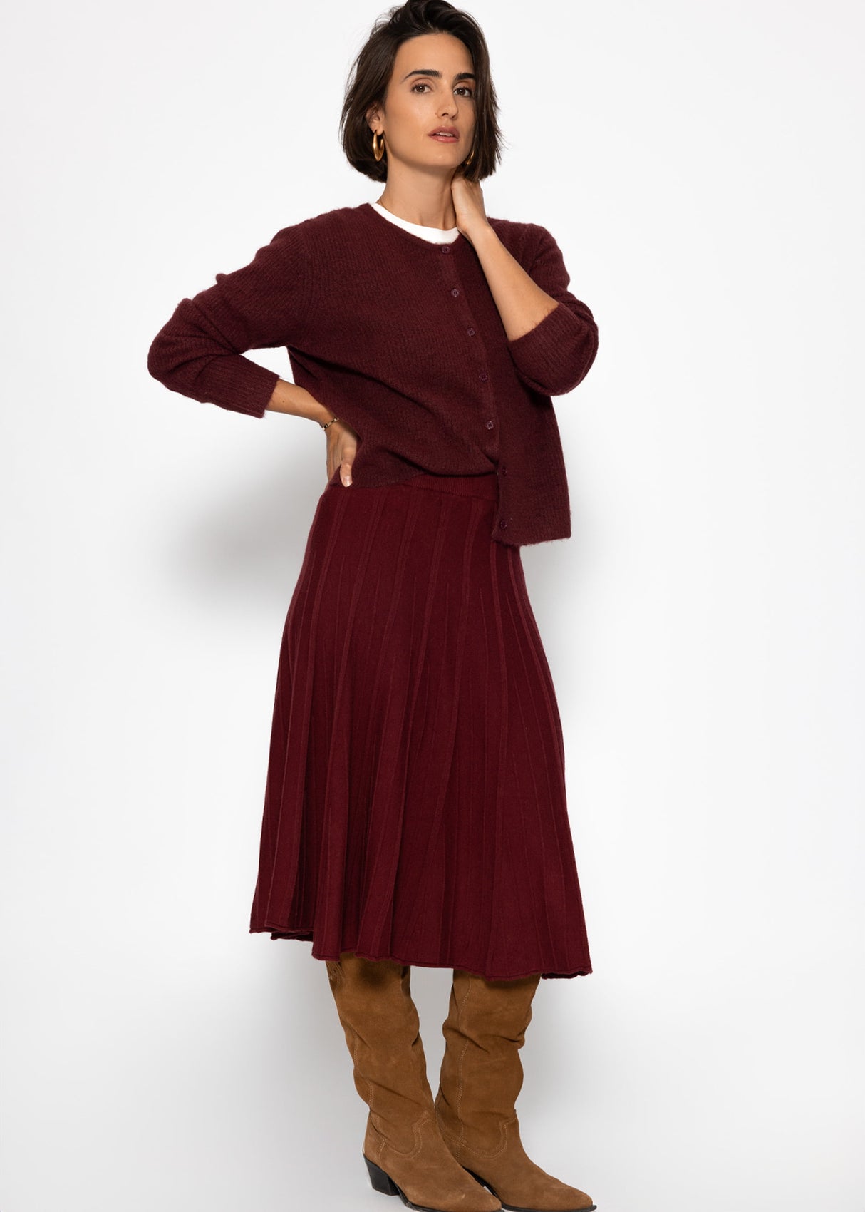 Pleated knit midi skirt - burgundy