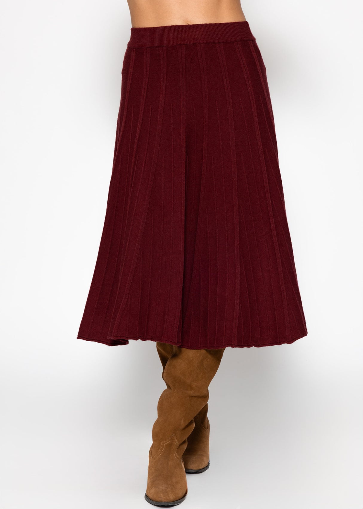 Pleated knit midi skirt - burgundy
