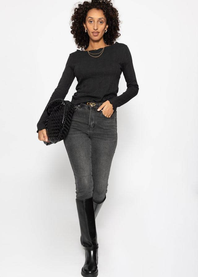 Pointelle long-sleeved top - black