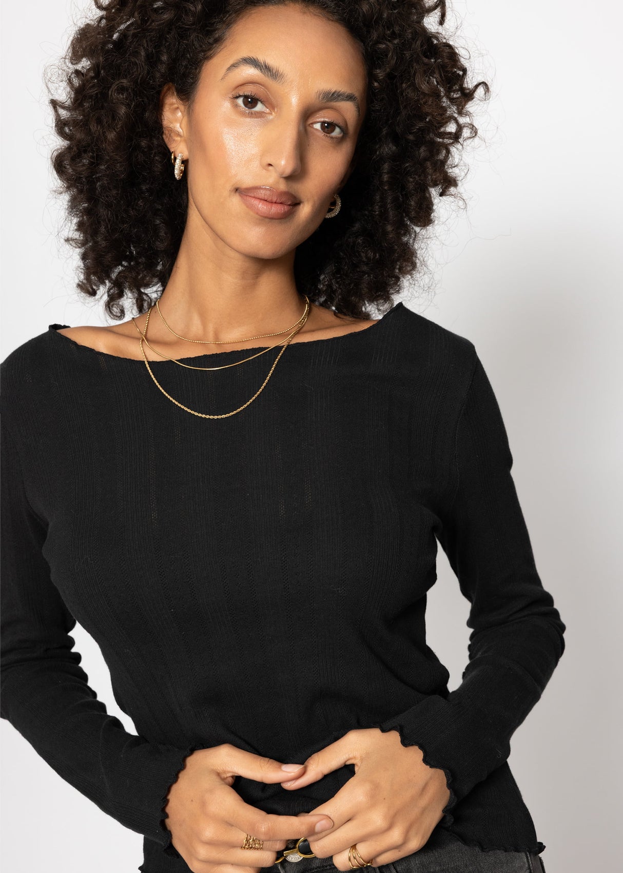 Pointelle long-sleeved shirt - black