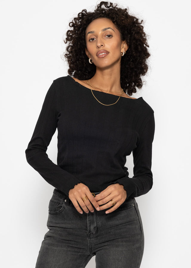Pointelle long-sleeved top - black