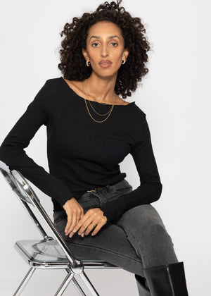 Pointelle long-sleeved shirt - black