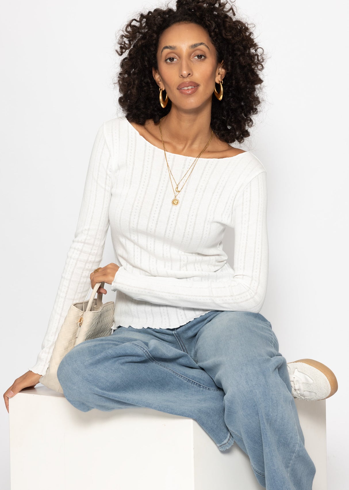 Pointelle long-sleeved shirt - white