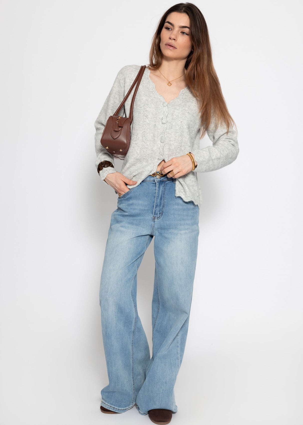 Pointelle Strickjacke - hellgrau