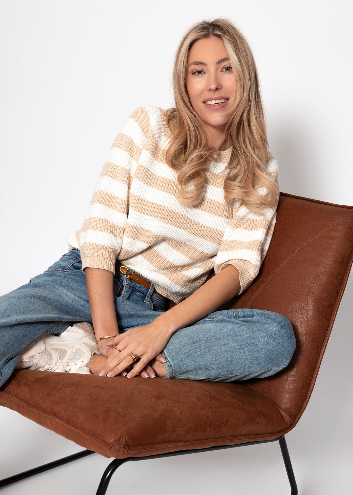 Pullover mit 3/4-Ärmeln und Streifen - beige-offwhite