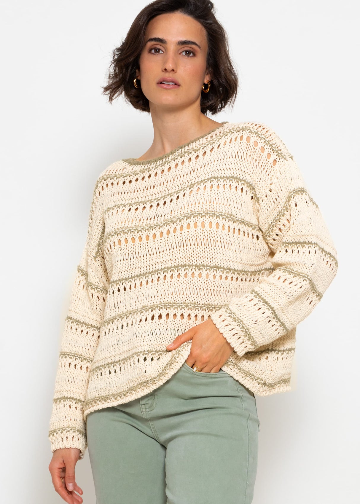 Sweater with openwork pattern - beige-khaki