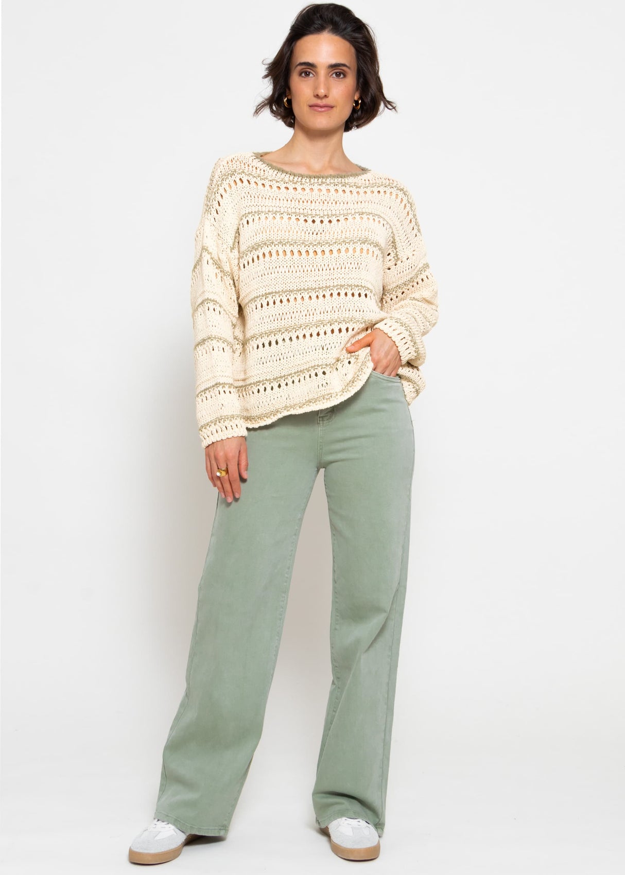 Sweater with openwork pattern - beige-khaki