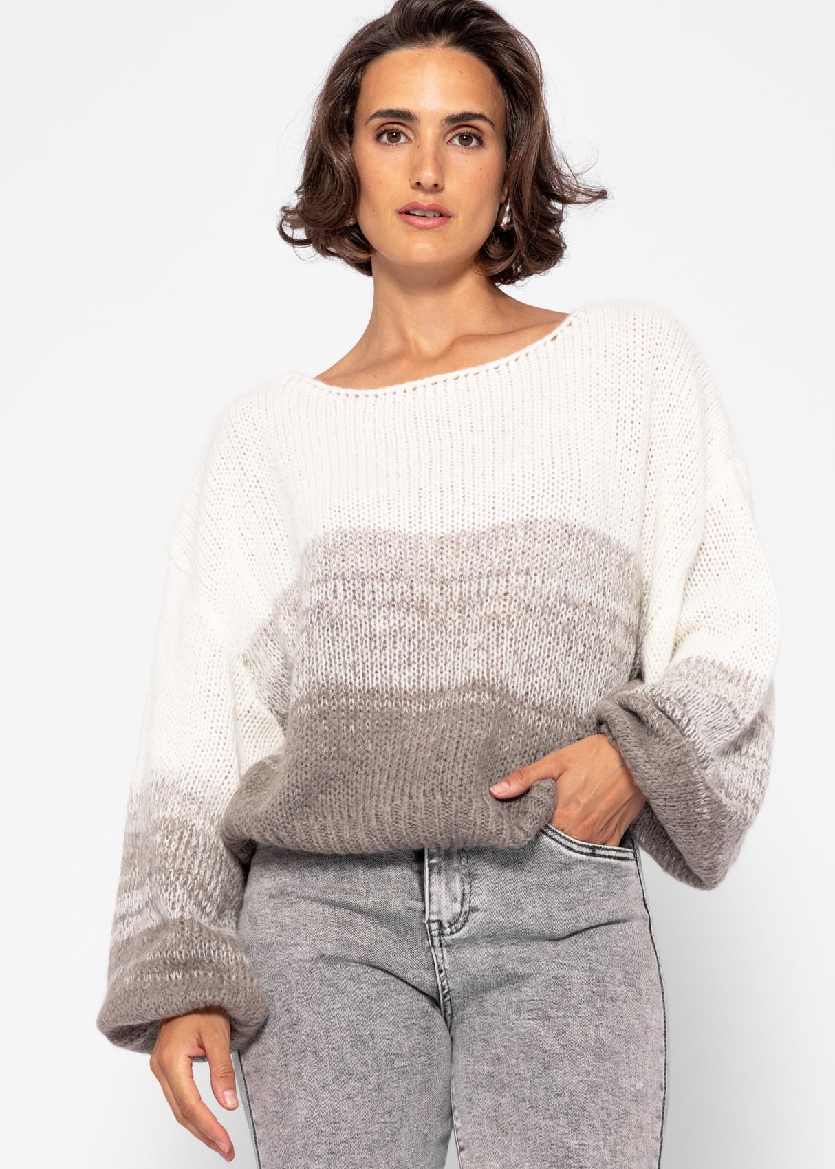 Sweater with balloon sleeves and color gradient - off-white-taupe
