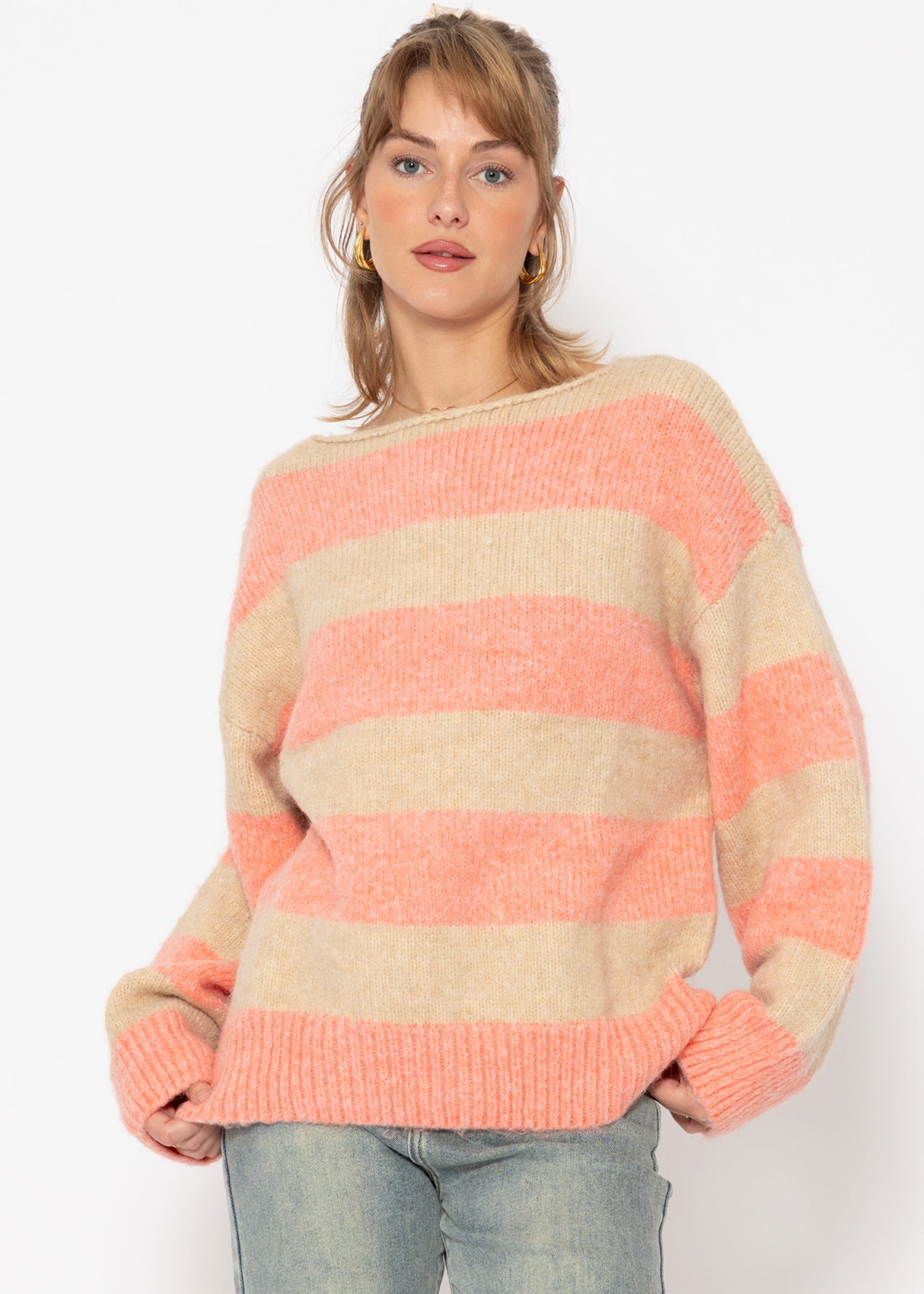 Sweater with block stripes - beige-coral