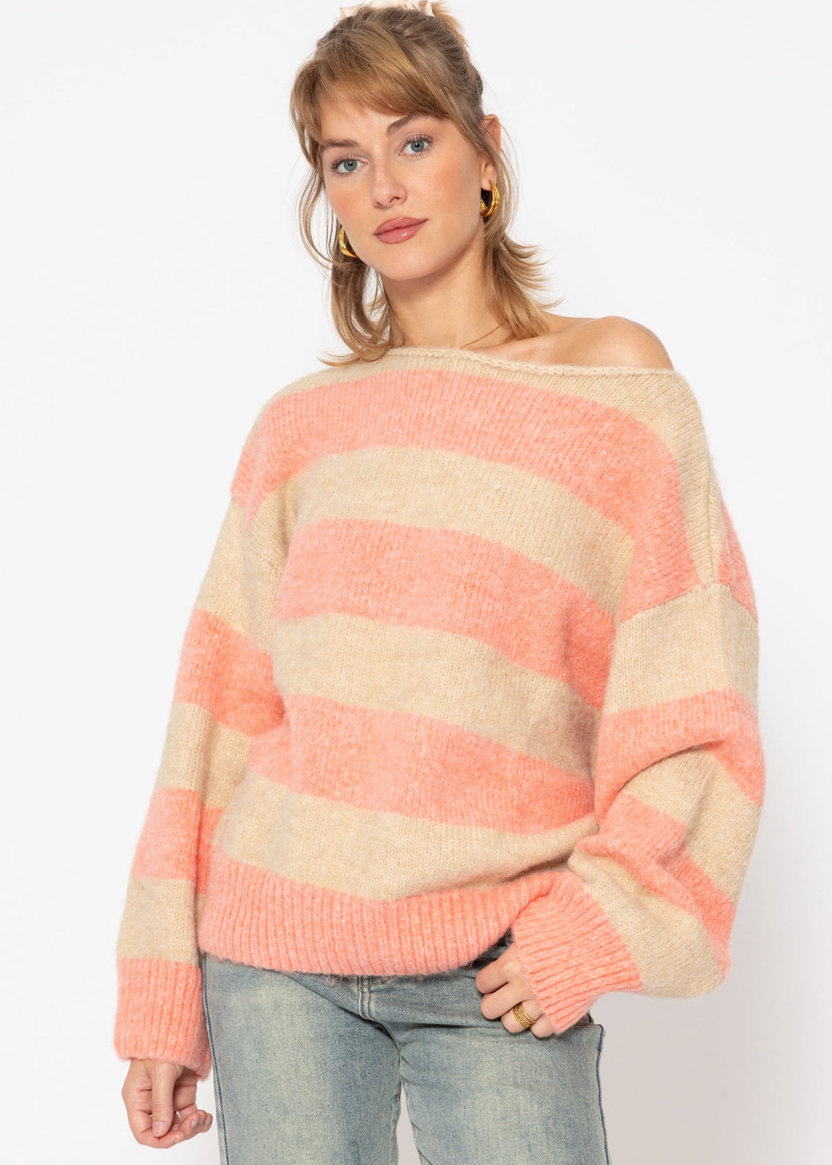 Sweater with block stripes - beige-coral