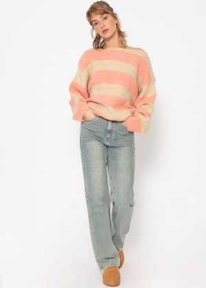 Sweater with block stripes - beige-coral