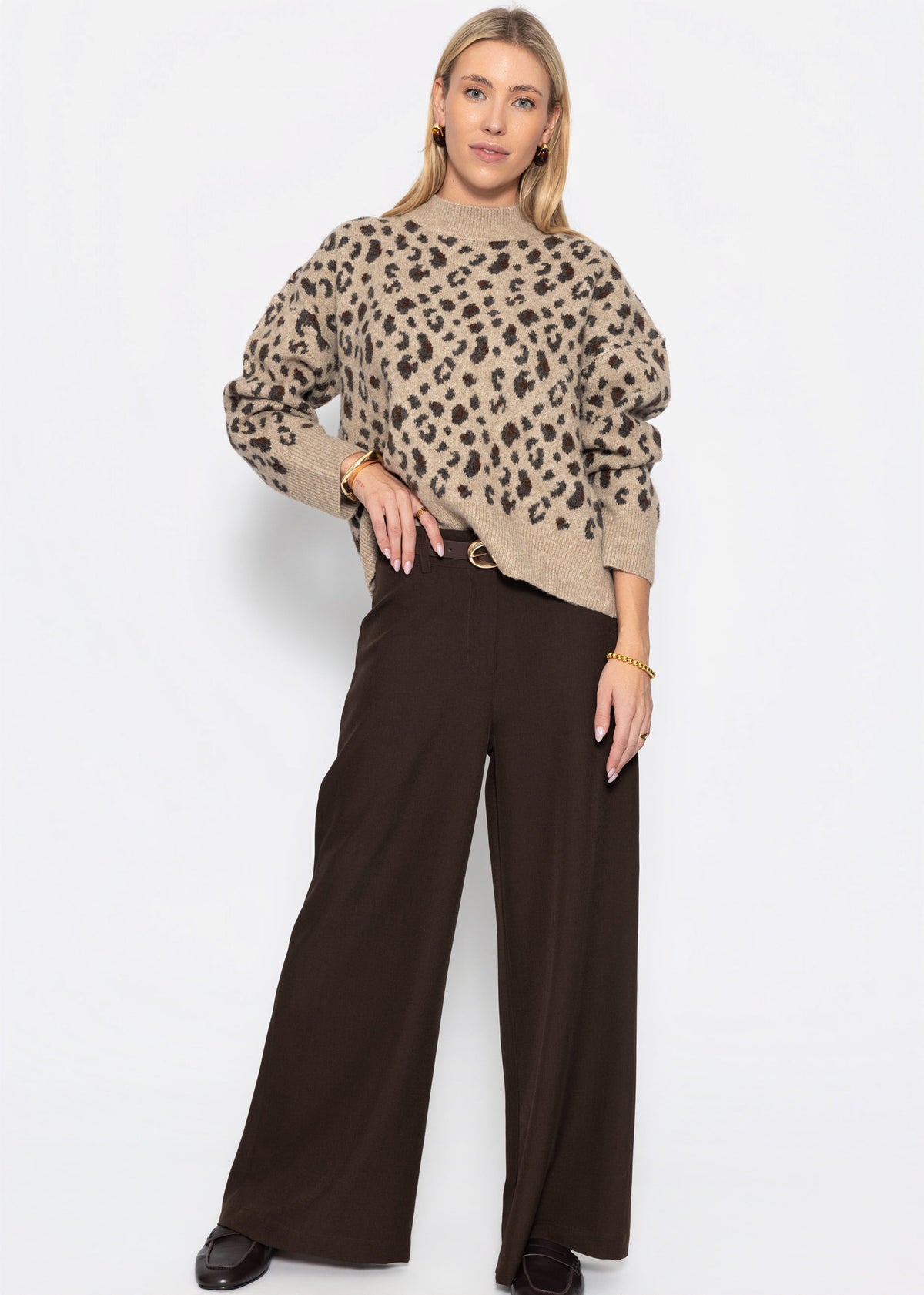 Pullover mit breiter Rippe und Leo-Muster - beige