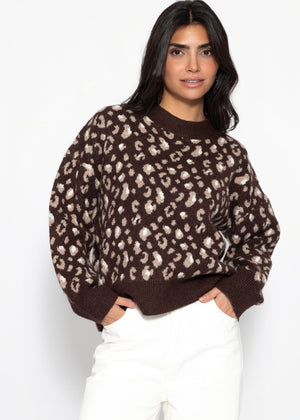 Pullover mit breiter Rippe und Leo-Muster - braun