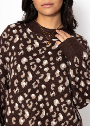 Pullover mit breiter Rippe und Leo-Muster - braun