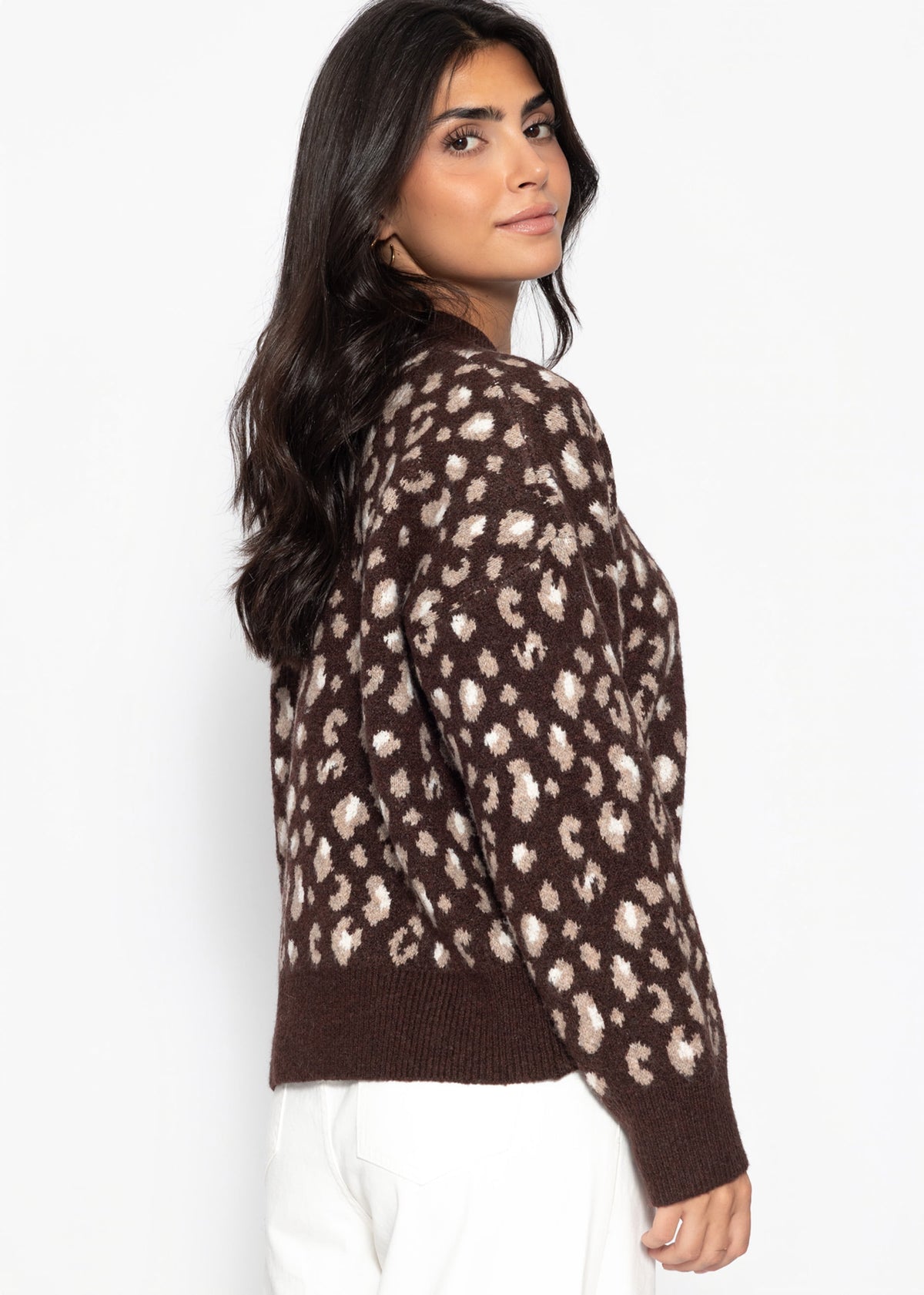 Pullover mit breiter Rippe und Leo-Muster - braun